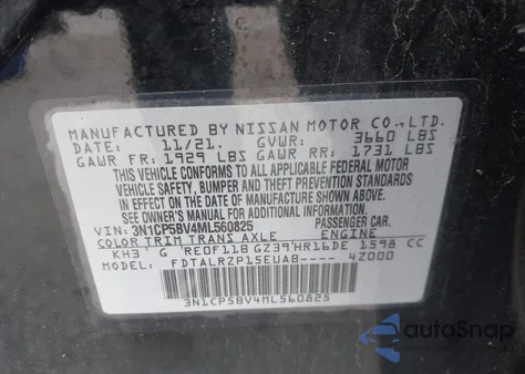 2021 Nissan Kicks S Xtronic Cvt z USA, uszkodzony, nr VIN 3N1CP5BV4ML560825